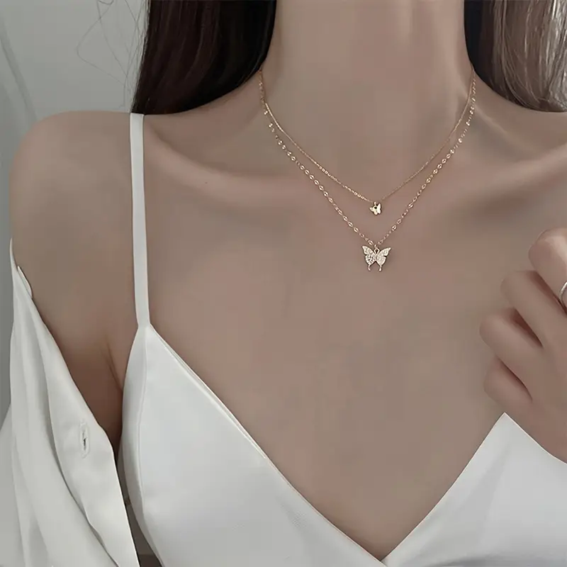 1pc Double Layer Butterfly Necklace Alloy Necklace-4 "Forever Connected" Double Butterfly Memorial Necklace