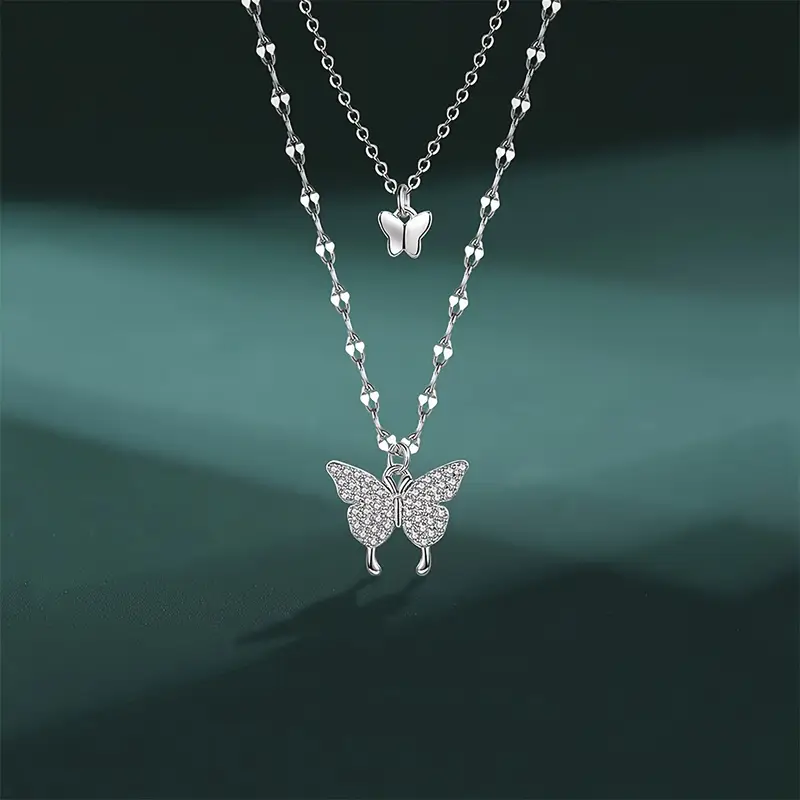 1pc Double Layer Butterfly Necklace Alloy Necklace "Forever Connected" Double Butterfly Memorial Necklace